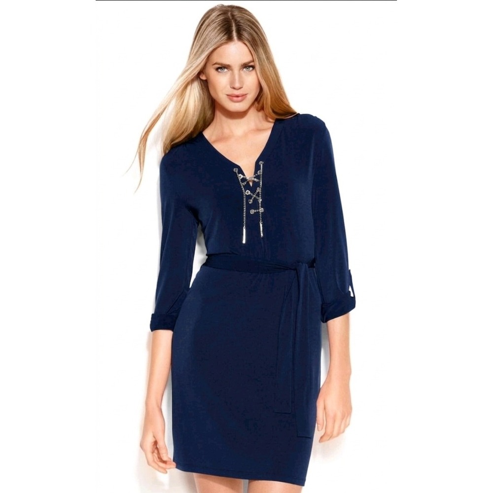 Michael Kors Preppy Nautical Mini Dress Cruise Resortwear Navy Chain Lace Size M